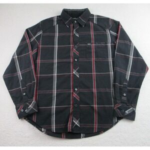 No Fear Shirt Mens Medium Black Red‎ Gray Plaid Button Up Long Sleeve Casual